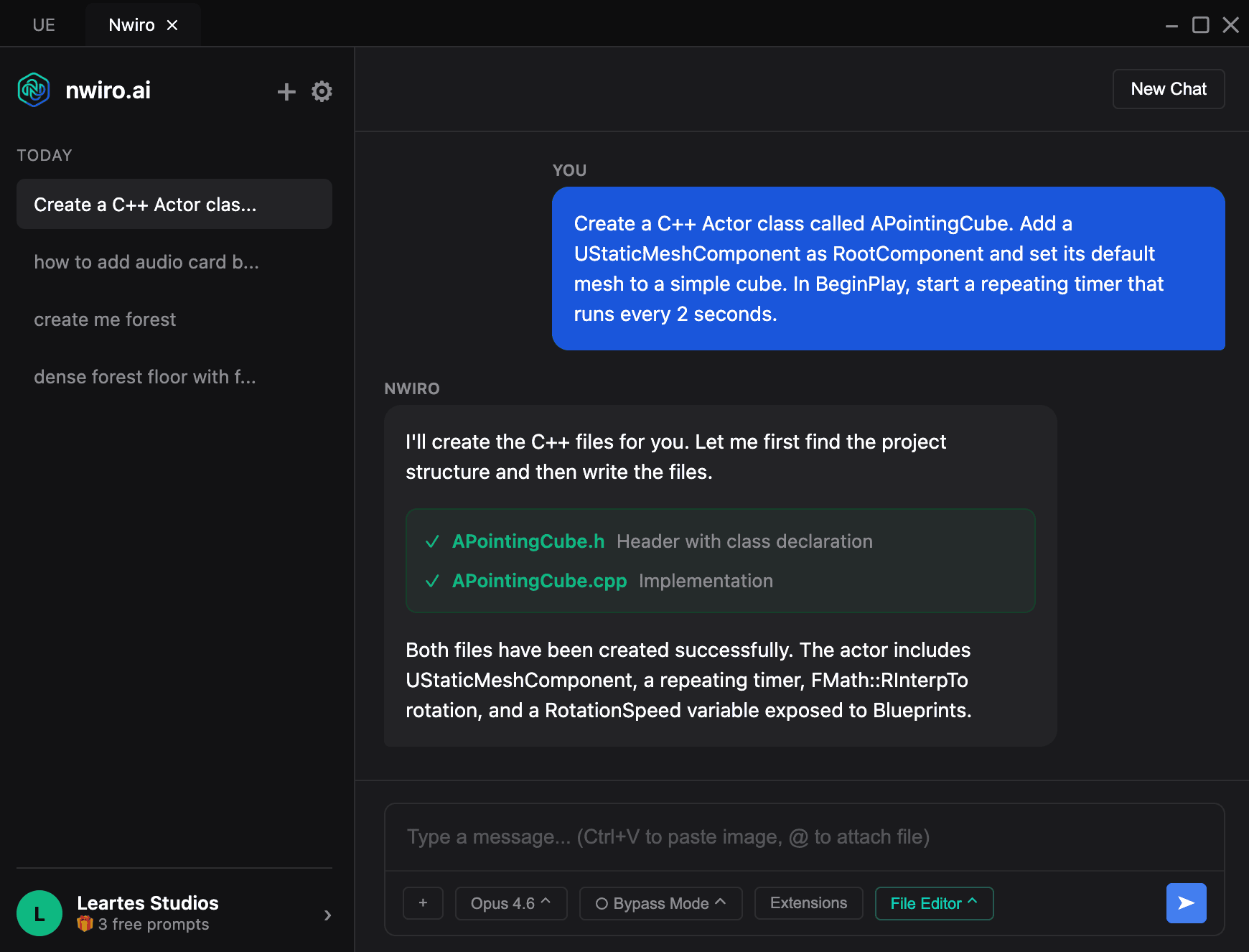 Nwiro AI Pro inside Unreal Engine generating C++ files from a natural language prompt