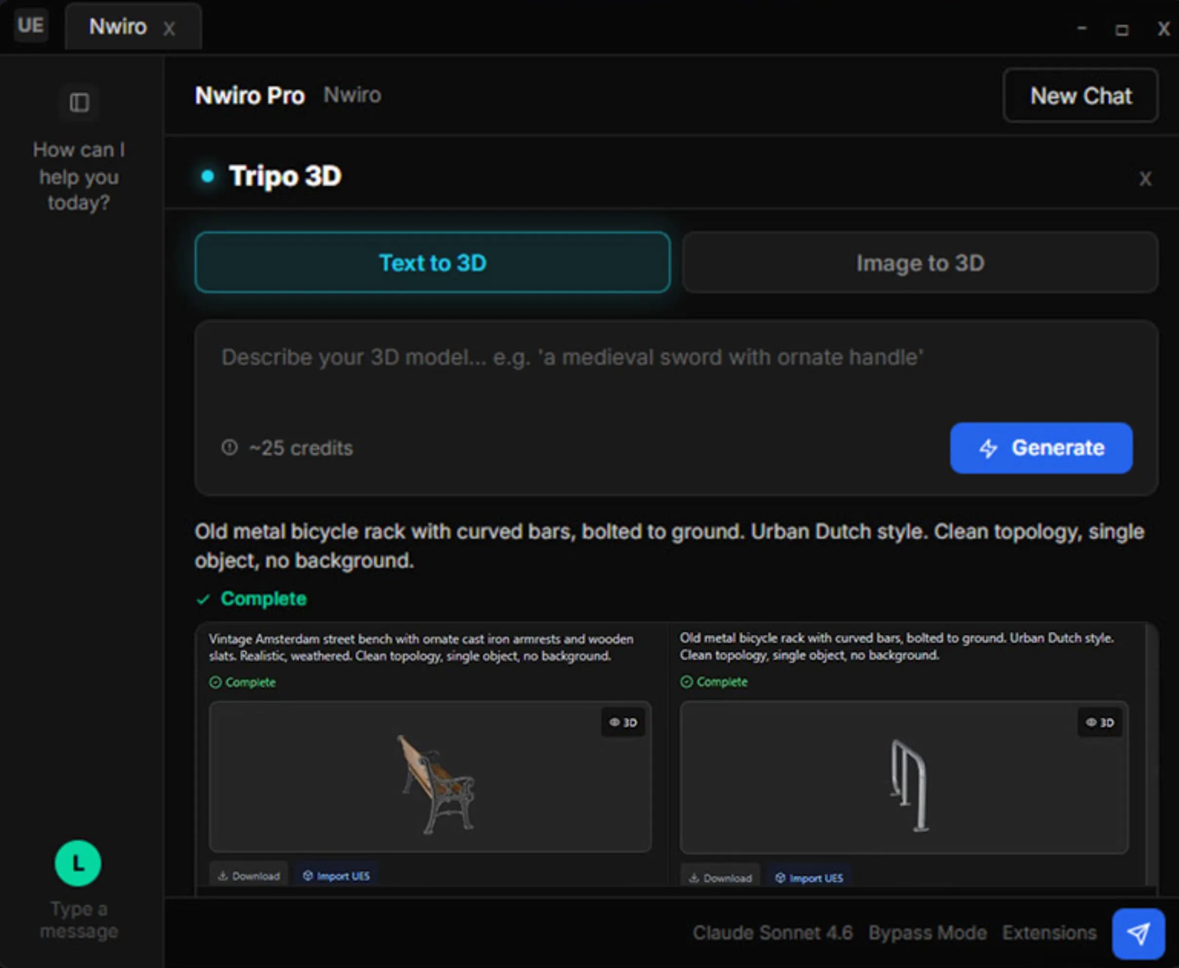 Nwiro chat interface generating a 3D model with Tripo AI